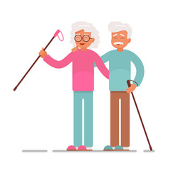 Old people sport activities.Happy Senior Couple making nordic walking. Vector illustration isolated from white background