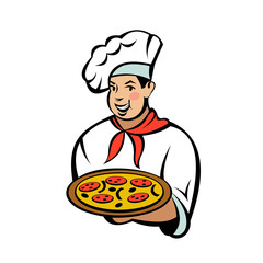 Italian chef. Pizza maker prepares a pizza. Vector logo.