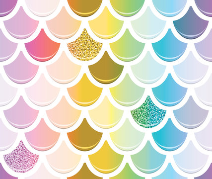 Mermaid tail seamless pattern with gold glitter elements. Trendy scale background. Multicolored.