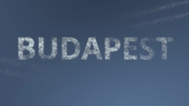 Flying airplanes reveal Budapest caption. Traveling to Hungary conceptual intro animation