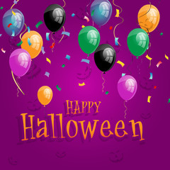 Vector happy halloween holiday poster with black, orange air balloons with happy halloween on purple background. Traditional trick or treat kids event decoration