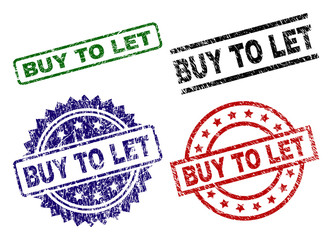 BUY TO LET seal prints with damaged style. Black, green,red,blue vector rubber prints of BUY TO LET label with dust style. Rubber seals with round, rectangle, rosette shapes.