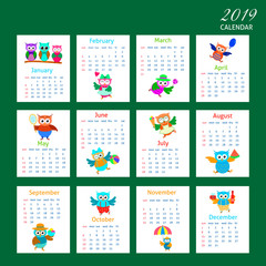 Cartoon owls calendar 2019 design.