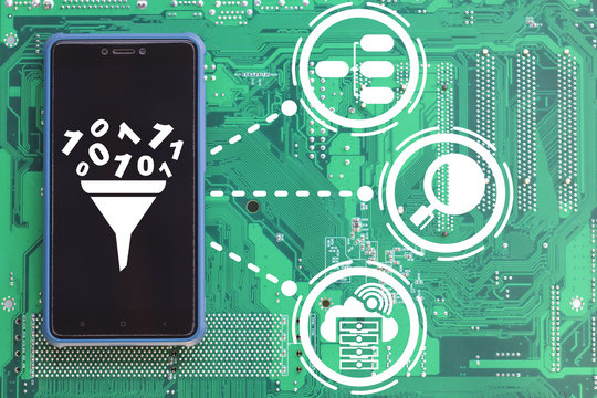 Smartphone with a funnel and numbers zero one icon on a green circuit board. Binary Info Filter. Digital data sorting filtering mobile app concept.