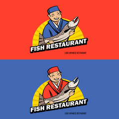 A Japanese chef has fresh fish. Vector logo of fish restaurant.