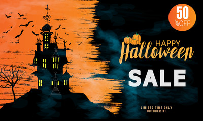 Halloween Sale vector banner with lettering and detailed engraving background. Pumpkin, witch hat, skull, cat hand drawn elements. Great for voucher, offer, coupon, holiday sale.