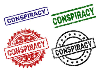 CONSPIRACY seal prints with damaged style. Black, green,red,blue vector rubber prints of CONSPIRACY text with unclean style. Rubber seals with round, rectangle, medallion shapes.