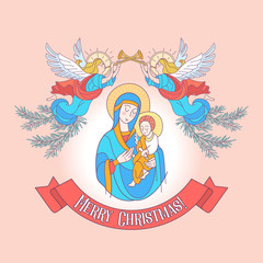 Merry Christmas. Vector greeting card. The virgin Mary and the baby Jesus.