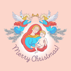 Merry Christmas. Vector greeting card. The virgin Mary and the baby Jesus.