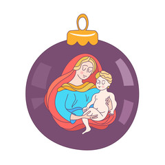 Merry Christmas. Vector greeting card. The virgin Mary and the baby Jesus.