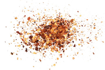 Crushed red cayenne pepper, dried chili flakes and seeds pile isolated on white background, top view