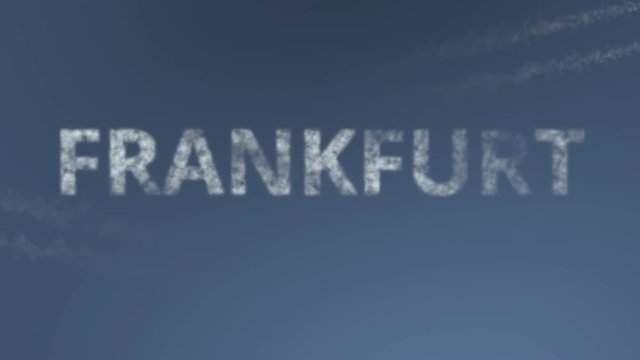 Flying airplanes reveal Frankfurt caption. Traveling to Germany conceptual intro animation