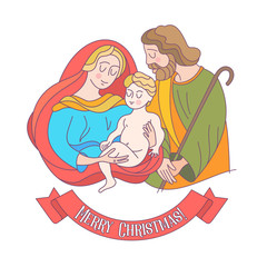 Merry Christmas. Vector greeting card. Virgin Mary, baby Jesus and Saint Joseph the betrothed.