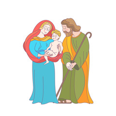 Merry Christmas. Vector greeting card. Virgin Mary, baby Jesus and Saint Joseph the betrothed.