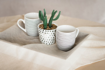 Cactus in a mug. A tray with mugs on the table. Hugge.