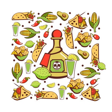 Mexican cuisine. A set of popular Mexican dishes. Fast food. Vector illustration.