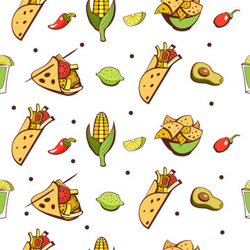 Mexican cuisine. A set of popular Mexican dishes. Fast food. Vector illustration.
