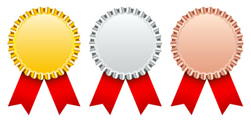 3 Award Badges Flat Golden/Silver/Bronze Red Ribbon