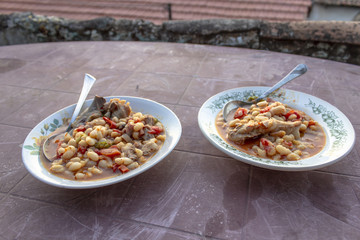 Close-up shoot of traditional Turkish dried beans dinner tables at sunset time