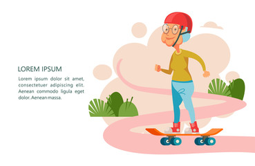 Older people lead an active lifestyle. Old people play sports. Grandma is a skateboarder. Vector illustration.