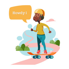 Older people lead an active lifestyle. Old people play sports. Grandma is a skateboarder. Vector illustration.