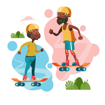 Older people lead an active lifestyle. An elderly man and a woman riding on skateboards. Vector illustration.
