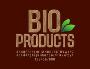 Naklejka premium Vector Natural Wood Bio Products Font. Eco Tree Pattern Alphabet Letters, Numbers and Symbols.