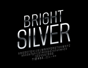 Silver bright Font. Reflective Letters, Numbers and Symbols