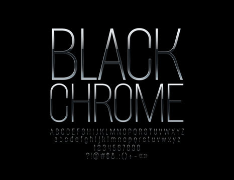 Vector Black Chrome Font. Metallic Slim Alphabet Letters, Numbers and Symbols