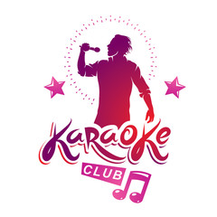 Karaoke club flyers vector cover design created using musical notes, stars and soloist singing to microphone. Emcee show advertising poster