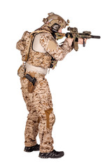 Special forces soldier with rifle on white background. army, military and people concept