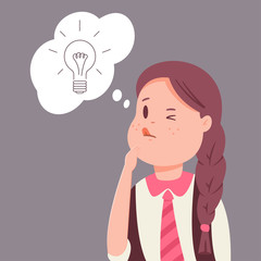 School girl have idea. Vector cartoon character of a cute child with a light bulb in speech bubble isolated on background.