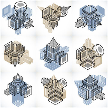 Engineering abstract geometric shapes, simple vectors set.