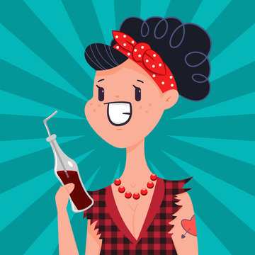Cute pin up girl with tattoo drink soda water. Vector cartoon woman character in pop art vintage style isolated in background.