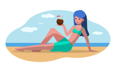 Girl holding a coconut cocktail on a sandy beach