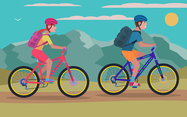 Vector illustration woman and a man ride a bicycle