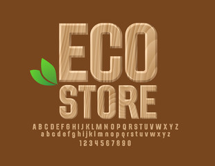 Wooden Sign with text Eco Store. Vector Set of Alphabet Letters, Numbers and Punctuation Symbols.