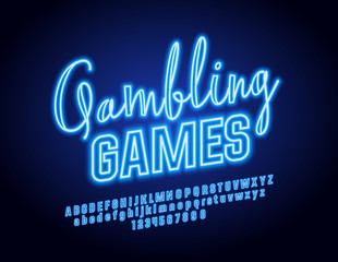Vector Neon Gambling Games Sign with Light Font. Blue Glowing Alphabet Letters Set