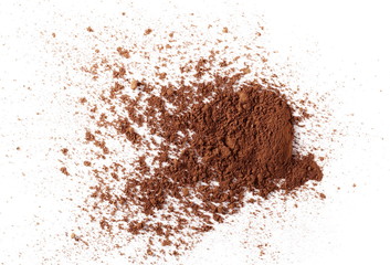 Cocoa powder pile isolated on white background, top view