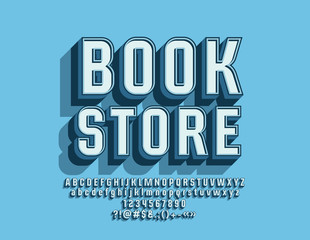 Vector Sign Book Store. Bright 3D Font. Stylish Alphabet Letters, Numbers and Symbols