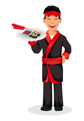 Japanese chef cooking sushi rolls