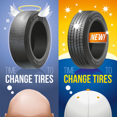 It is time to change old bald tires for new! Two vertical advertizing banners: old and new tires.