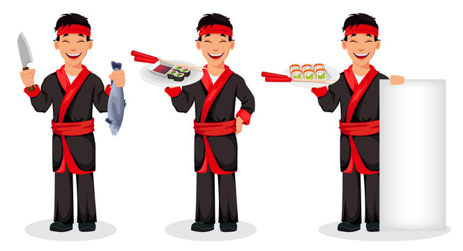 Japanese chef cooking sushi rolls