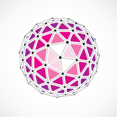 Vector dimensional wireframe low poly object, purple spherical shape with black grid. Technology 3d mesh element made using triangular facets for use as design form in engineering.