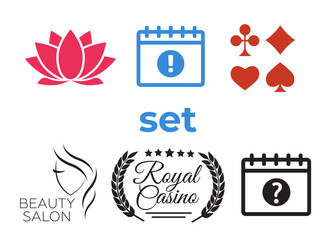 Event add delete progress icons and Poker club, casino sign set. Beautiful woman logo