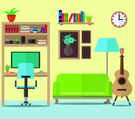 Living room with sofa, bookcase, guitar and computer. Vector set.