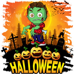 Colorful halloween cartoon greeting card with scary zombies.