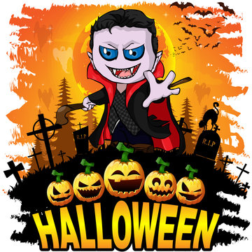Halloween  Design template with Graf Dracula. Vector illustration.