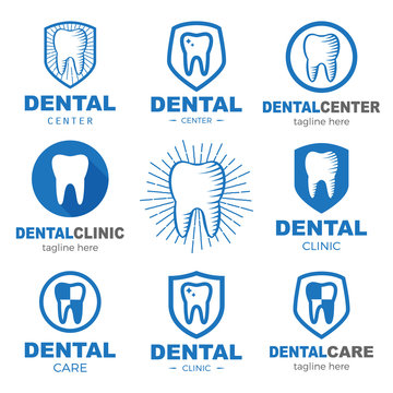 Dental center logo set. Company emblem health dent. Family Dental Clinic label with tooth and shields.