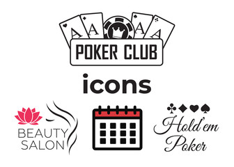 Event add delete progress icons and Poker club, casino sign set. Beautiful woman logo